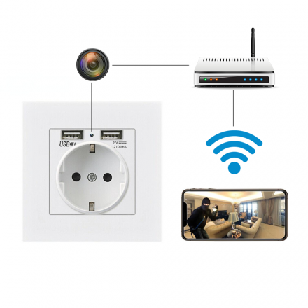 Priza 220V Clasica cu Camera Video HD si Microfon Spion - Wi-Fi - Acces de la orice distanta iOS & Android [P2]